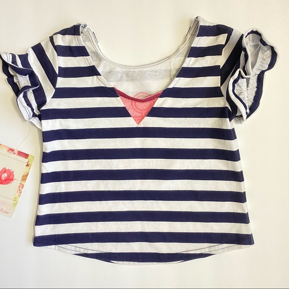 Girls Nautical Blue White Stripe Ruffle Sleeve T-Shirt Top- size 5 - Picture 4 of 6